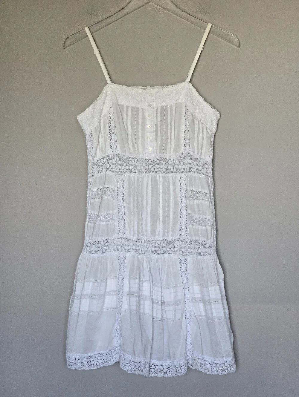 Boho Western Babydoll Lace-Trim Spaghetti Strap Sheer Mini Dress in White Size S - Picture 2 of 10